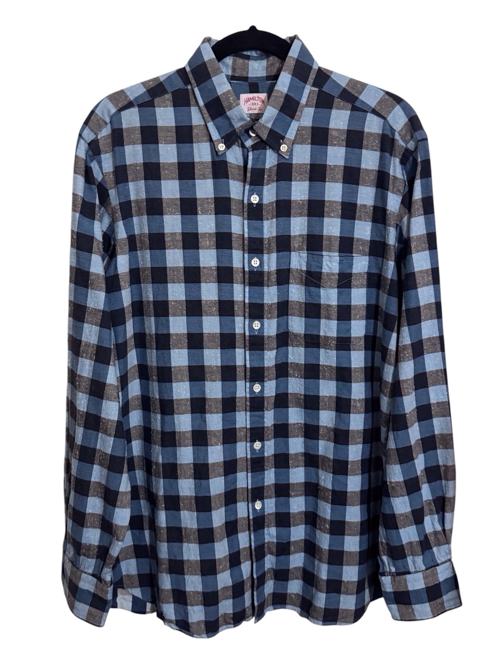 Hamilton Shirt Co. Large Blue Gray Plaid Button Up Shirt Cotton Long Sleeve